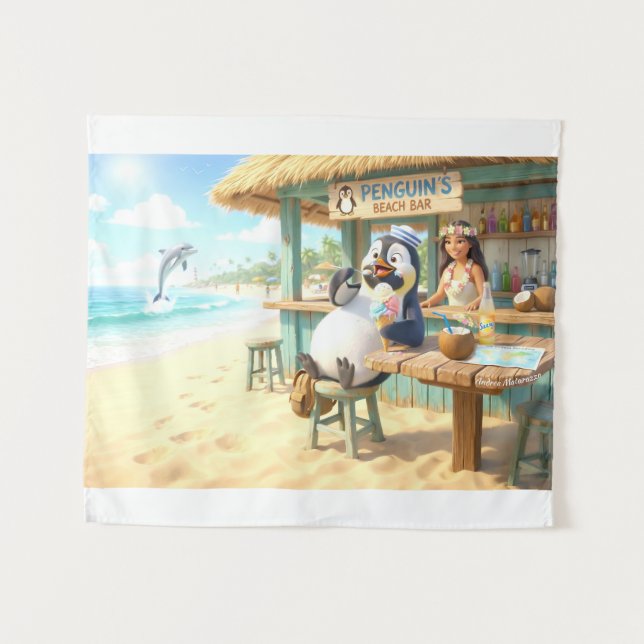 Pinguin Strandbar Wandteppich (Vorderseite (Horizontal))