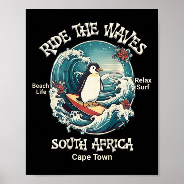 Pinguin surft Wellen Südafrika Cape Cod Surft  Poster (Vorne)