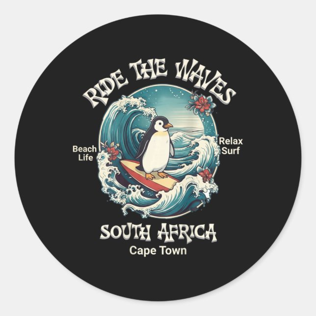 Pinguin surft Wellen Südafrika Cape Cod Surft  Runder Aufkleber (Vorderseite)