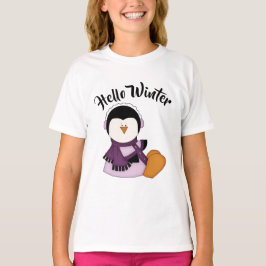 Pinguin Tragen einer Lila Coat Hallo Winter T-Shirt