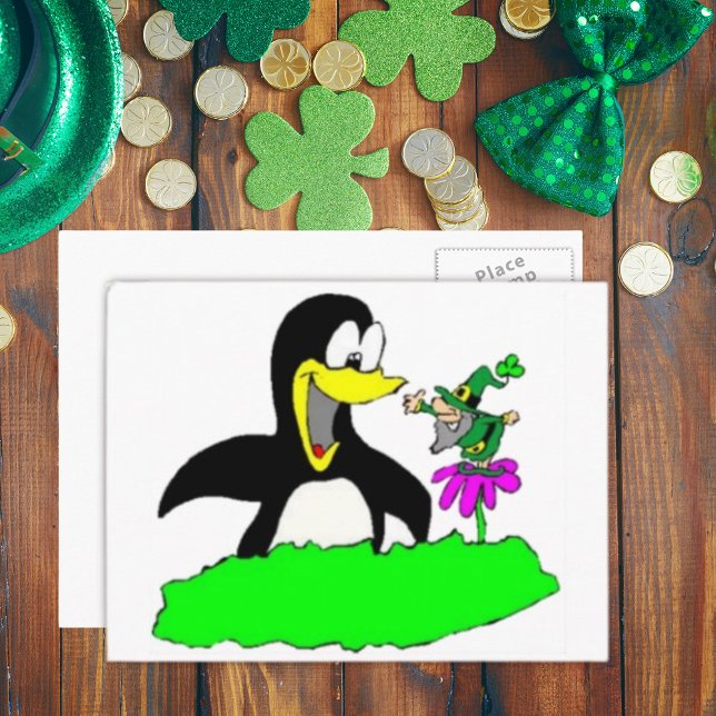 Pinguin und Leprechaun Postkarte (Penguin and Leprechaun Postcard)