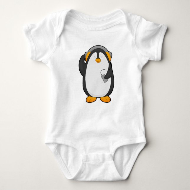 Pinguin und Mobiltelefon mit Headset Baby Strampler (Vorderseite)