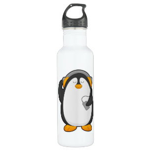 Pinguin und Mobiltelefon mit Headset Edelstahlflasche