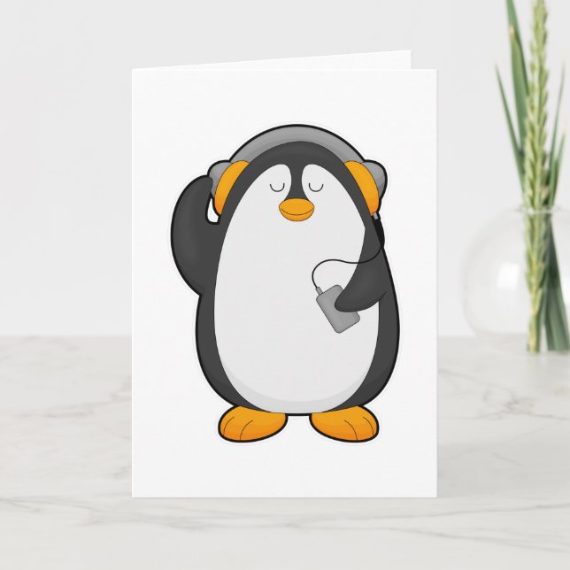 Pinguin und Mobiltelefon mit Headset Karte (Vorderseite)