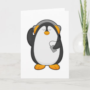 Pinguin und Mobiltelefon mit Headset Karte