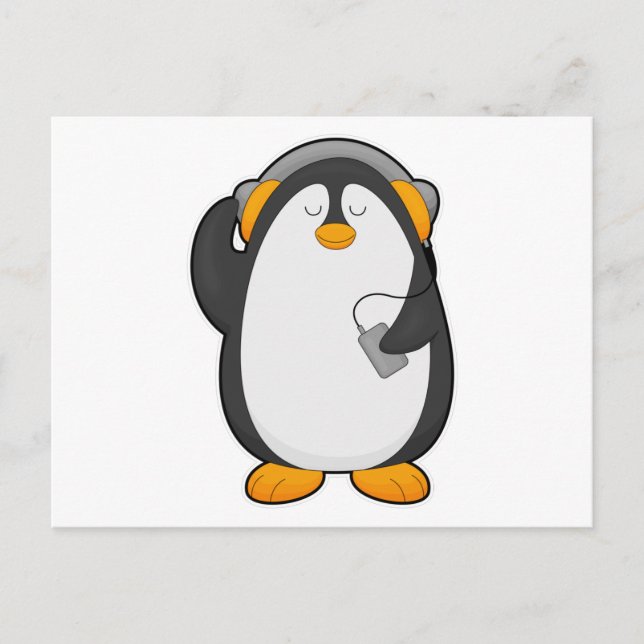 Pinguin und Mobiltelefon mit Headset Postkarte (Vorderseite)