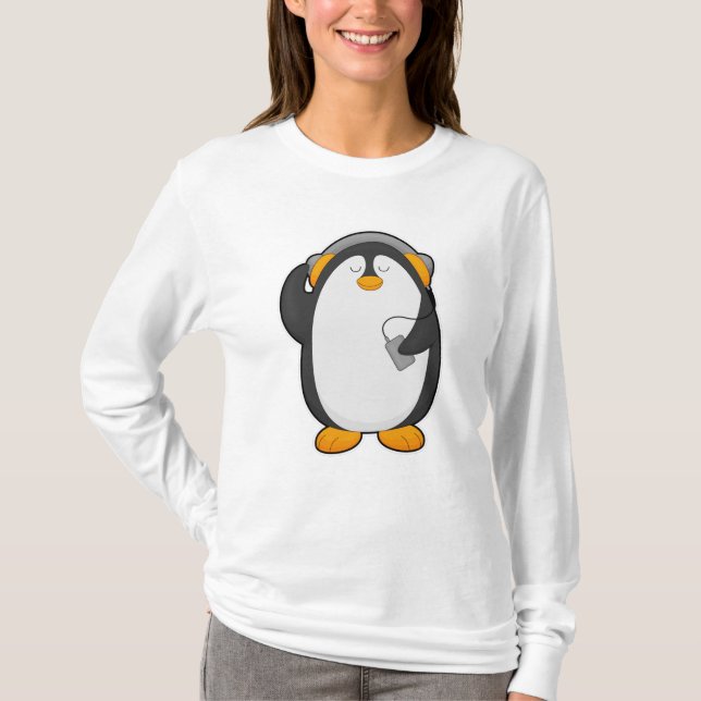 Pinguin und Mobiltelefon mit Headset T-Shirt (Vorderseite)