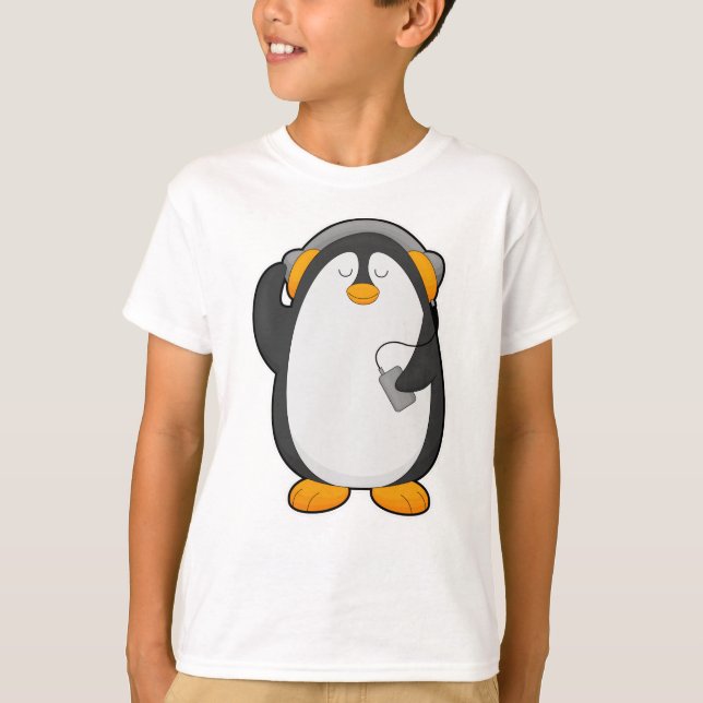 Pinguin und Mobiltelefon mit Headset T-Shirt (Vorderseite)