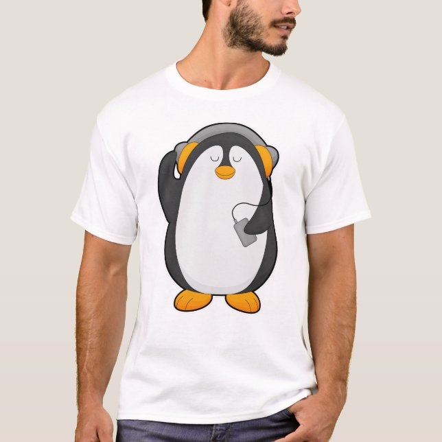 Pinguin und Mobiltelefon mit Headset T-Shirt (Vorderseite)