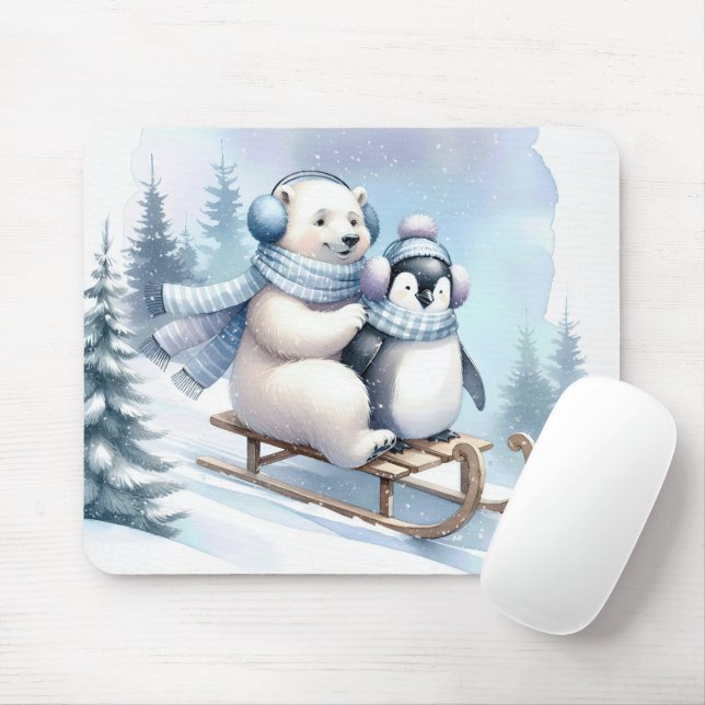 Pinguin und Polar Bear auf Schlitten Mousepad (Mit Mouse)
