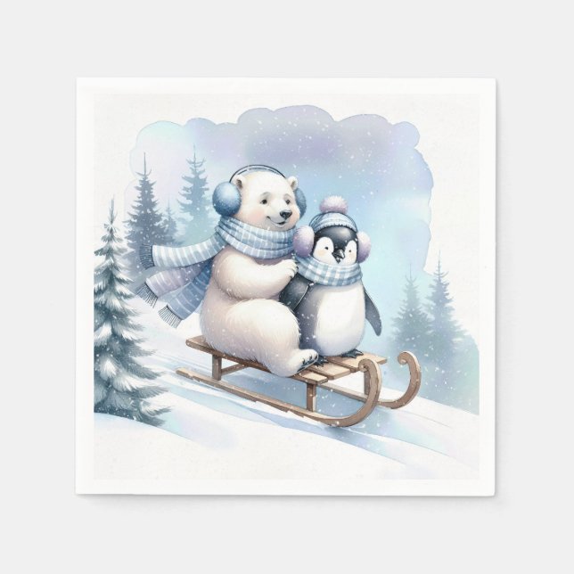 Pinguin und Polar Bear auf Schlitten Serviette (Vorderseite)