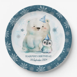 Pinguin und Polar Bear Winter Geburtstag Pappteller