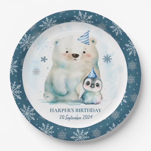 Pinguin und Polar Bear Winter Geburtstag Pappteller (Vorderseite)