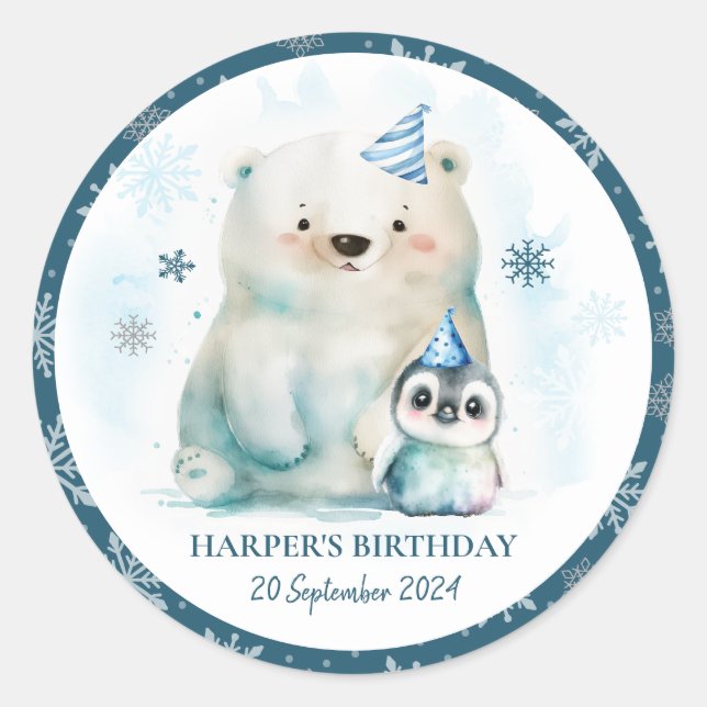 Pinguin und Polar Bear Winter Geburtstag Runder Aufkleber (Vorderseite)
