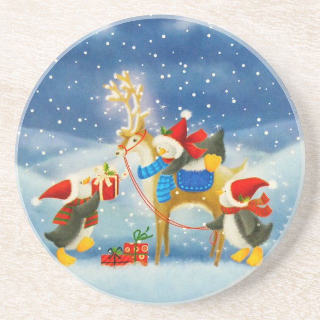 Pinguin und Reindeer Sandstein Untersetzer (Vorne)