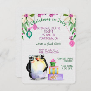 Pinguin und Weihnachtsgeschenke im Juli Party Einladung