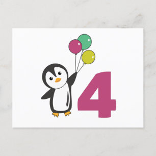 Pinguin-Vierte-Geburtstagsballons-für-Kinder-Postk Postkarte