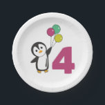 Pinguin Vierte Geburtstagskugel für Kinder Papier  Pappteller<br><div class="desc">Der Pinguin mit Ballons zum vierten Geburtstag. Für jedes Kind,  das vier Jahre alt wird. Niedliche Pinguine zum 4. Geburtstag.</div>