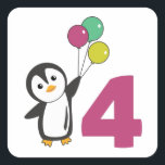 Pinguin Vierter Geburtstag Balloons für Kinder Squ Quadratischer Aufkleber<br><div class="desc">Der Pinguin mit Ballons zum vierten Geburtstag. Für jedes Kind,  das vier Jahre alt wird. Niedliche Pinguine zum 4. Geburtstag.</div>