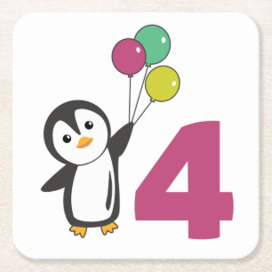 Pinguin Vierter Geburtstag Balloons für Kinder Squ Rechteckiger Pappuntersetzer