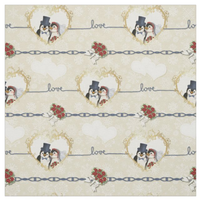 Pinguin Wedding Hearts auf Beige Stoff (Muster)