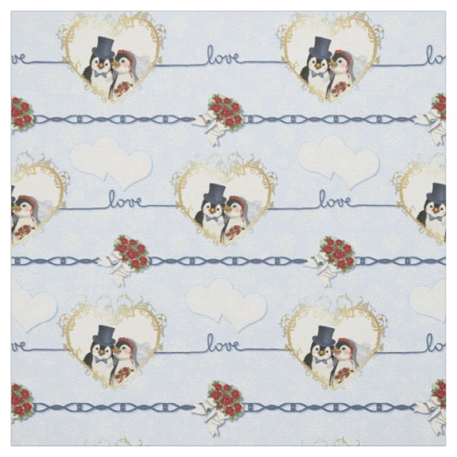 Pinguin Wedding Hearts On Blue Stoff (Muster)