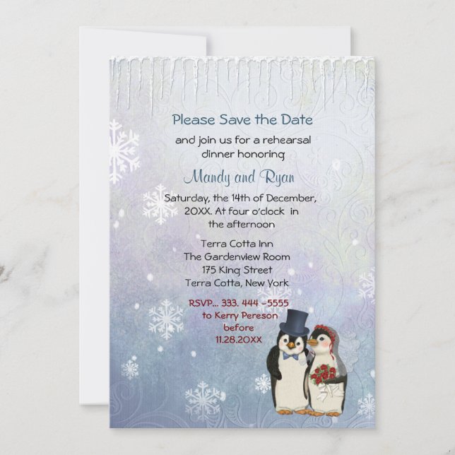 Pinguin Wedding Snowflakes Probe Dinner einladen Save The Date (Vorderseite)