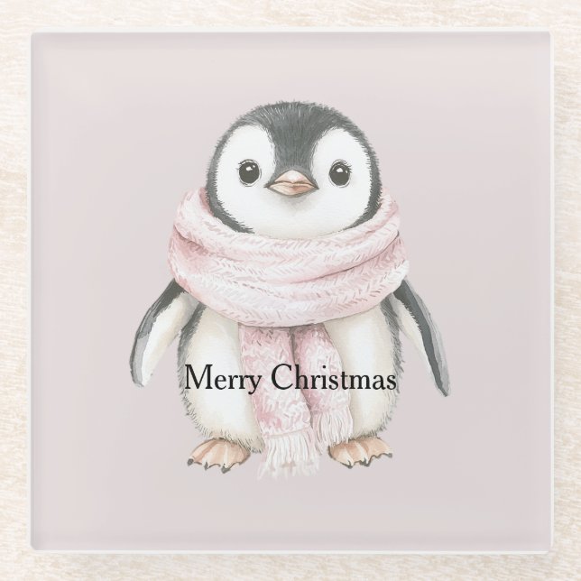 Pinguin Weihnachten mit rosa Schal Glasuntersetzer (Vorderseite)