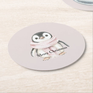 Pinguin Weihnachten mit rosa Schal Runder Pappuntersetzer