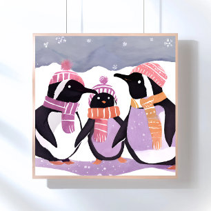Pinguin-Weihnachtsfreunde Winter-Aquarell Poster