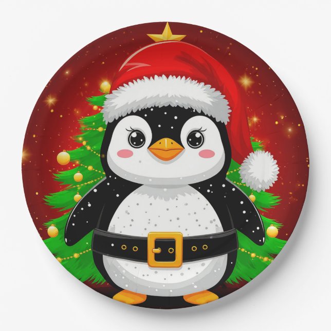 🐧 Pinguin Weihnachtsmann Weihnachtsbaum Feiertags Pappteller (Vorderseite)