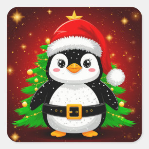 🐧 Pinguin Weihnachtsmann Weihnachtsbaum Feiertags Quadratischer Aufkleber