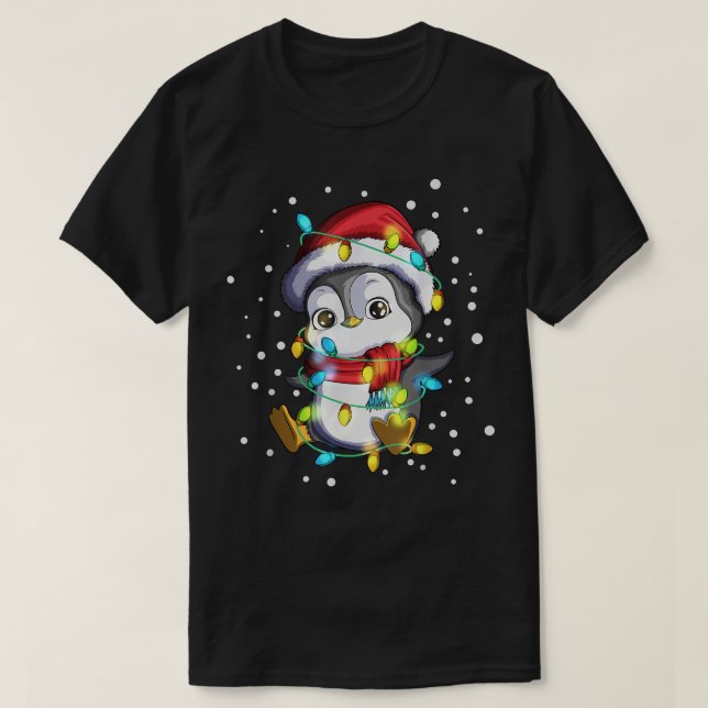 Pinguin Weihnachtsmannmütze Fairy Lights Weihnacht T-Shirt (Design vorne)