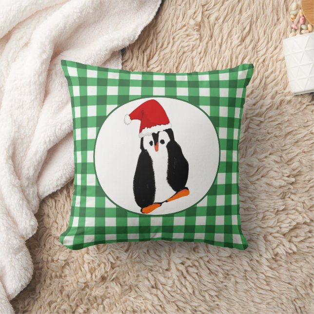 Pinguin Weihnachtsmannmütze Green Gingham Frohe We Kissen (Decke)