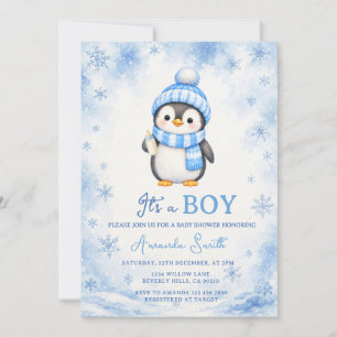 Pinguin Winter Blau Schneeglöckchen Babyparty Einladung