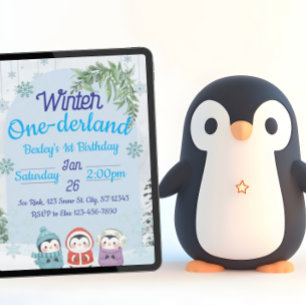 Pinguin Winter Einerland 1. Geburtstag Einladung