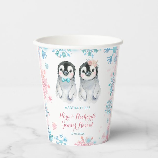 Pinguin Winter Gender Reveal Paper Cup Pappbecher (Vorderseite)