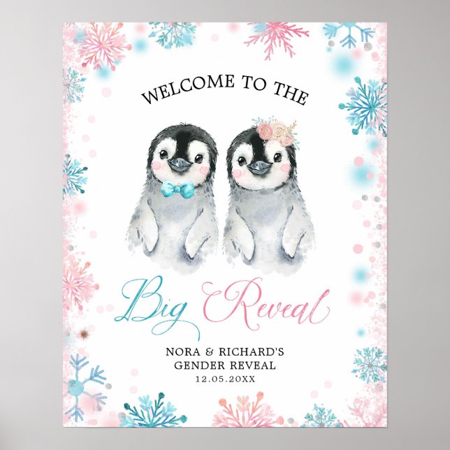 Pinguin Winter Gender Reveal Welcome Sign Card Poster (Vorne)