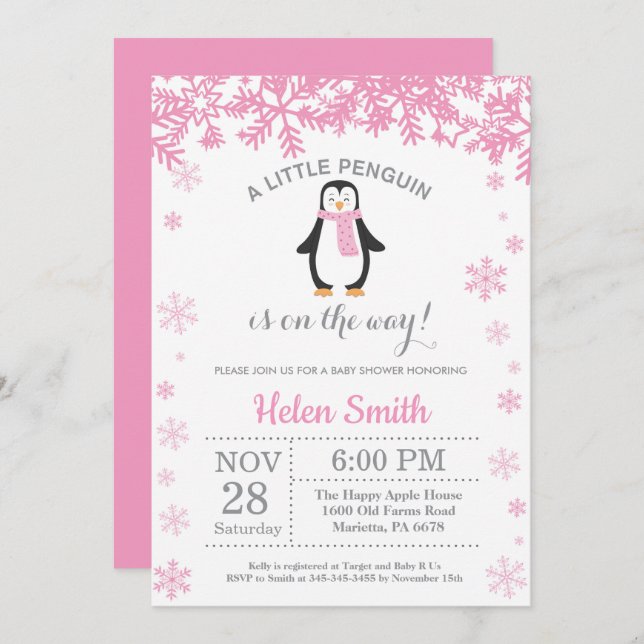 Pinguin Winter Girl Baby Showflake Einladung (Vorne/Hinten)