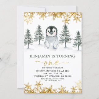 Pinguin Winter Gold Snowflake Geburtstagseinladung Einladung