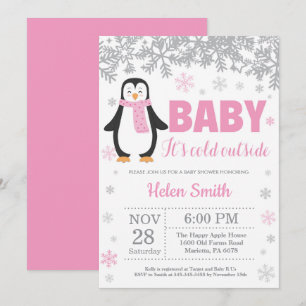 Pinguin-Winter-Rosa-Mädchen-Babyparty-Schneeflocke Einladung
