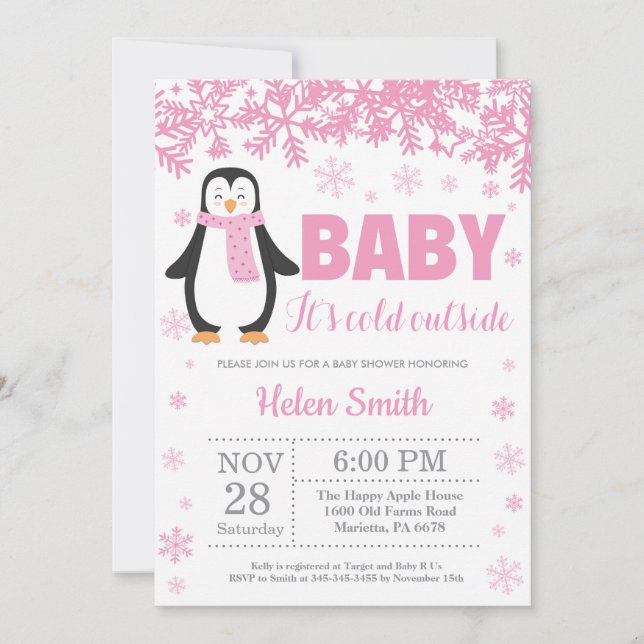 Pinguin-Winter-Rosa-Mädchen-Babyparty-Schneeflocke Einladung (Vorderseite)