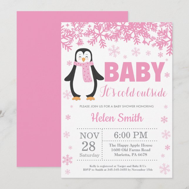 Pinguin-Winter-Rosa-Mädchen-Babyparty-Schneeflocke Einladung (Vorne/Hinten)