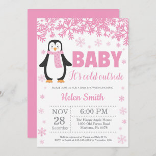 Pinguin-Winter-Rosa-Mädchen-Babyparty-Schneeflocke Einladung
