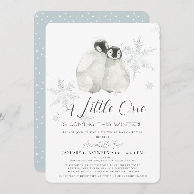 Pinguin Winter Snowflake Blue Drive-by-Baby-Dusche Einladung (Vorne/Hinten)