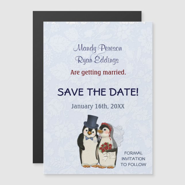 Pinguin Winter Wedding Magnetic Save the Date Magneteinladung (Vorne/Hinten)