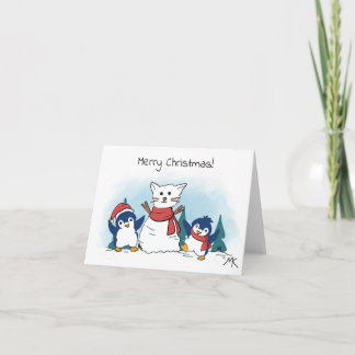 Pinguine bauen einen Katzenschneemann im Winter Feiertagskarte