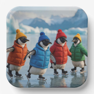 Pinguine beim Eislaufen auf einem arktischen See Pappteller