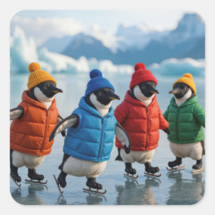 Pinguine beim Eislaufen auf einem arktischen See Quadratischer Aufkleber