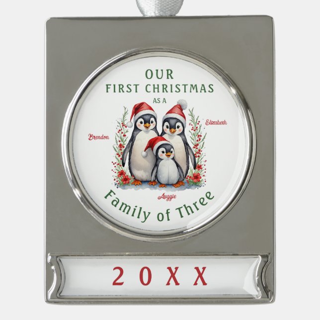 Pinguine Erste Weihnachtsfamilie von drei Banner-Ornament Silber (Vorderseite)